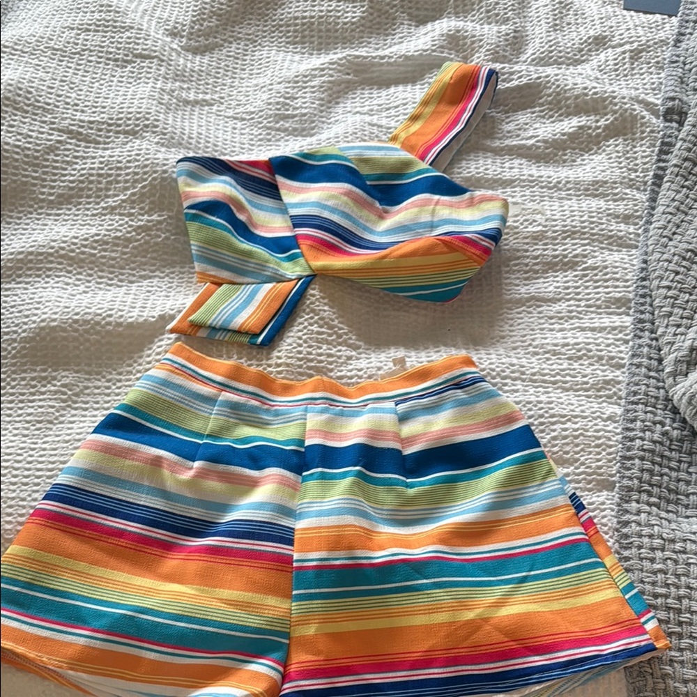 Colorful Striped One-Shoulder Cropped Top and Shorts Set